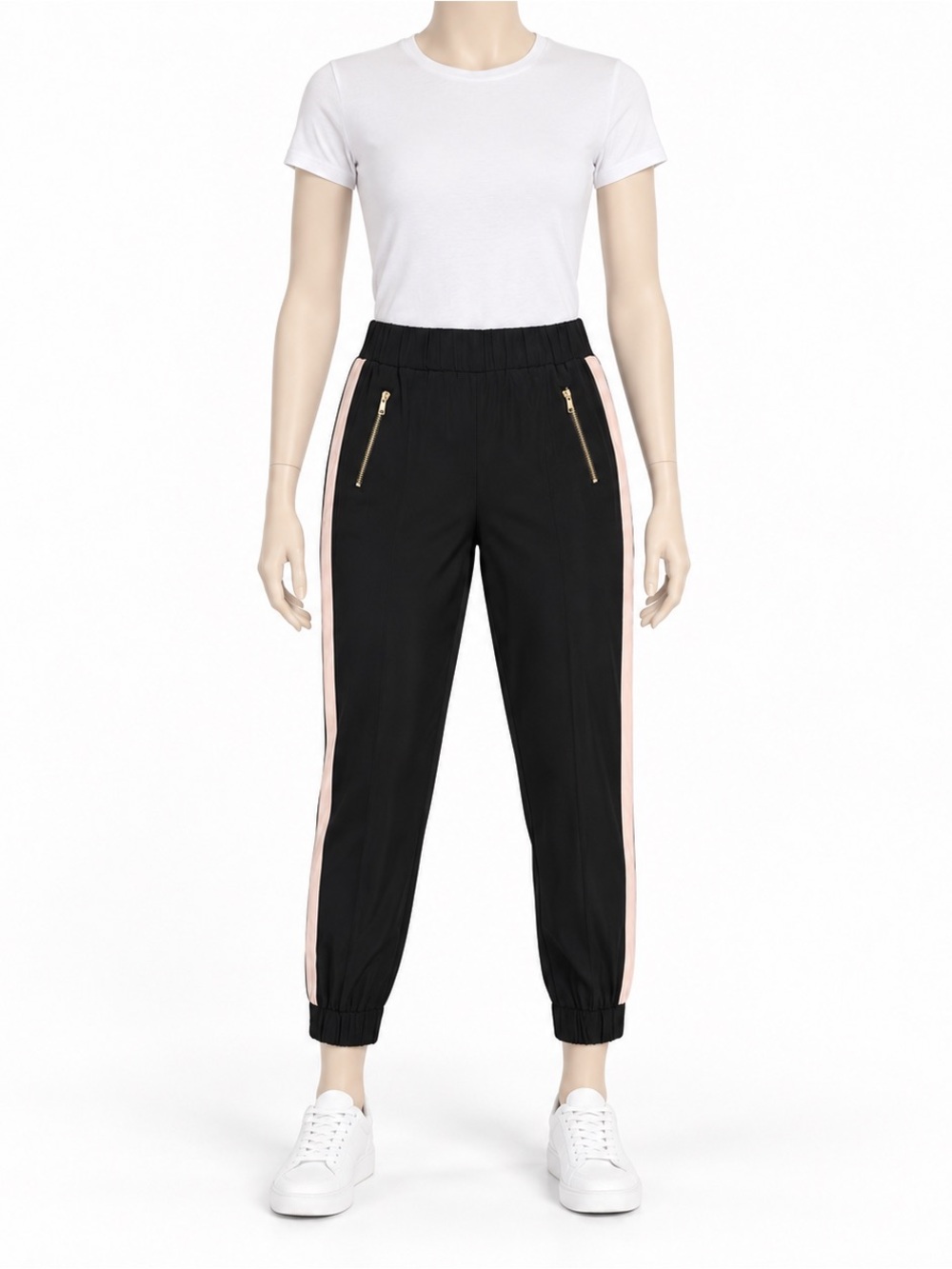 GUESS Black Blush Side Stripe Jogger Pants Women’s Small Gold Zip Pockets